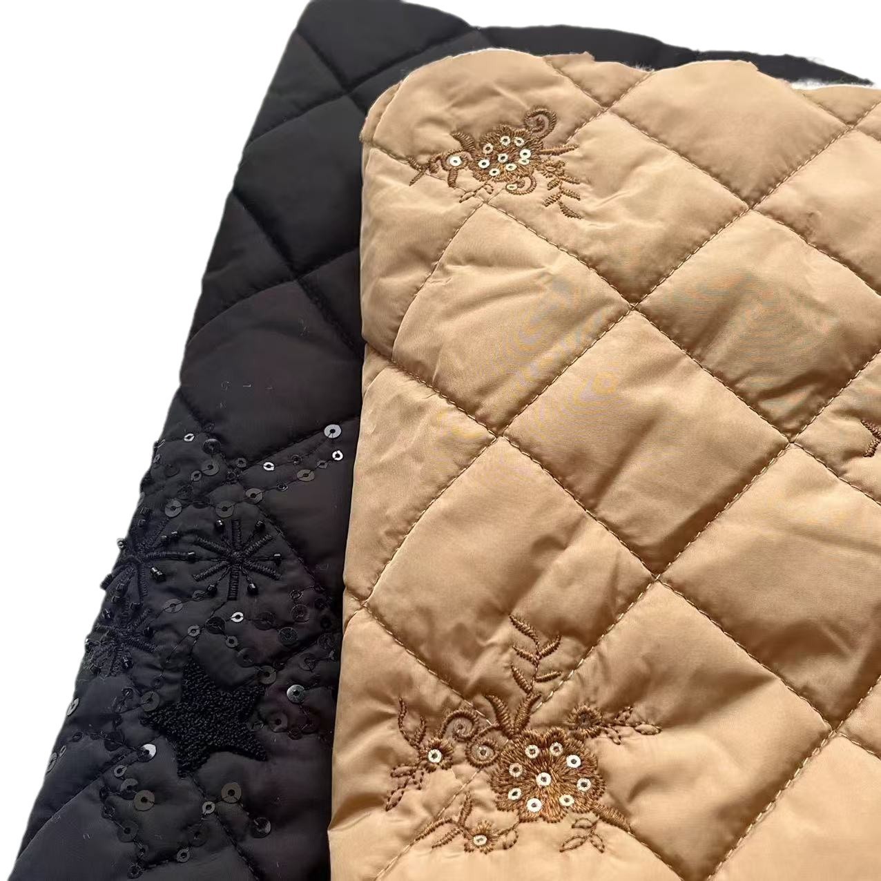 定制亮片刺绣面料立体花绗绣服装箱包衍缝布料新中式绗棉菱形格