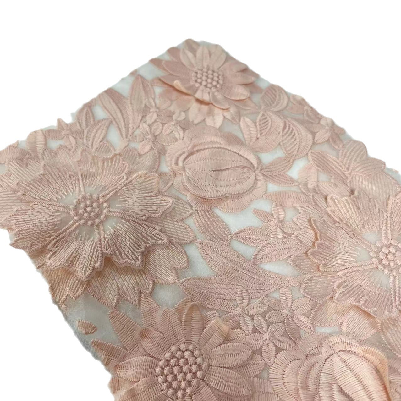 高档网纱平绣礼服面料立体浮花盘童装连衣裙刺绣蕾丝花边面料