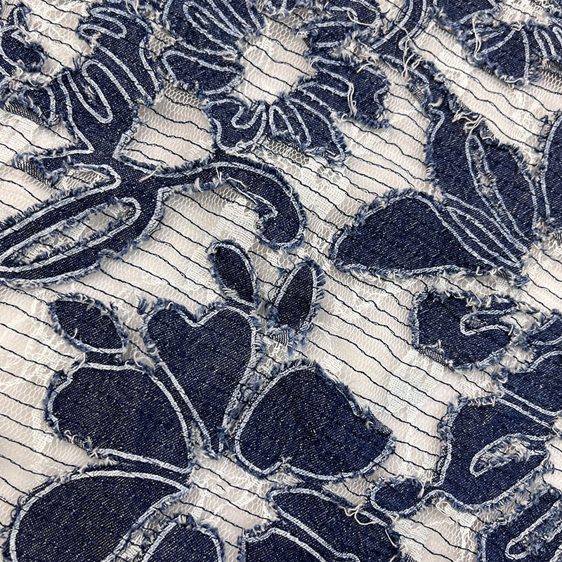 定制牛仔烂花面料蕾丝复牛仔布绣花布连衣裙衣服时装面料高定布