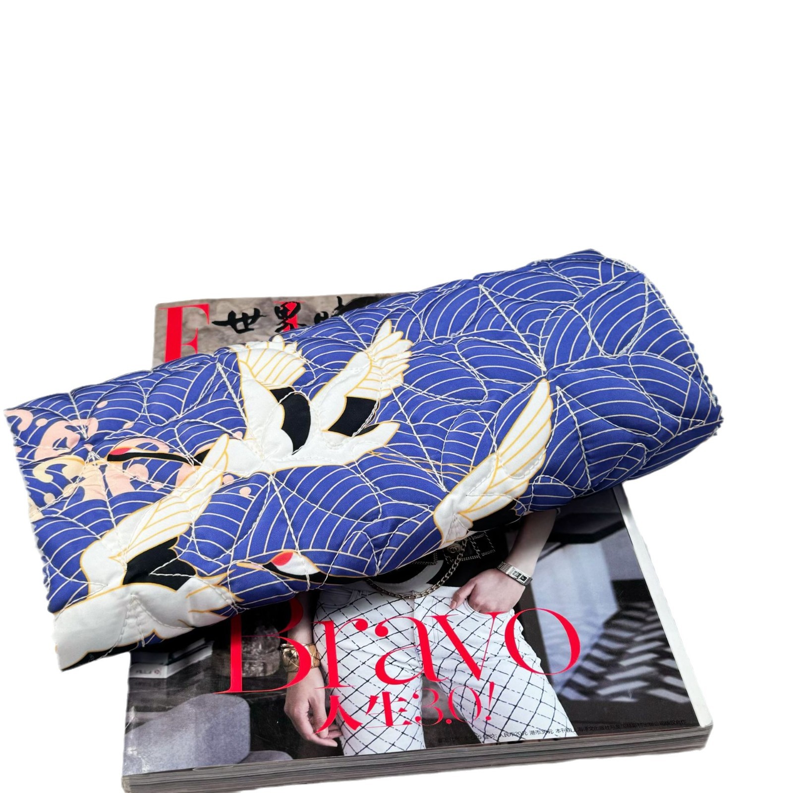 全涤春亚纺国风水波纹仙鹤印花布绗缝绗绣绗棉面料衍缝布料批发