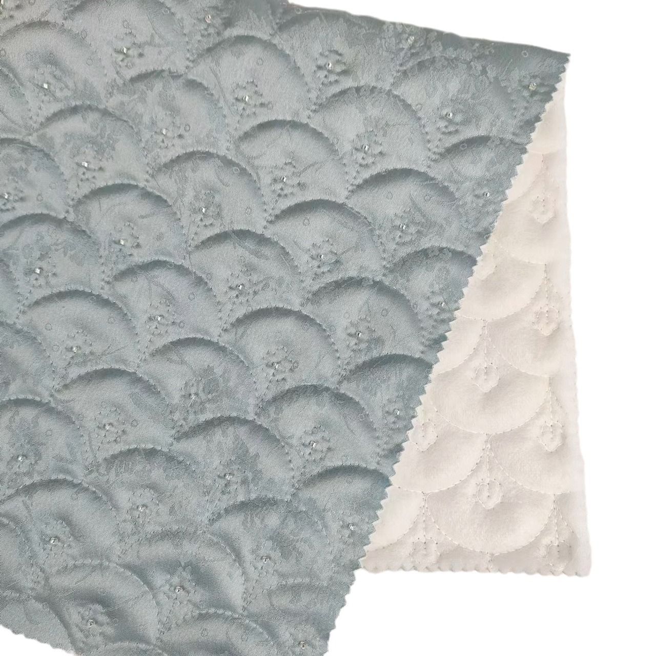 绣花工厂 国风提花鱼鳞珠管绣绗棉面料刺绣布料