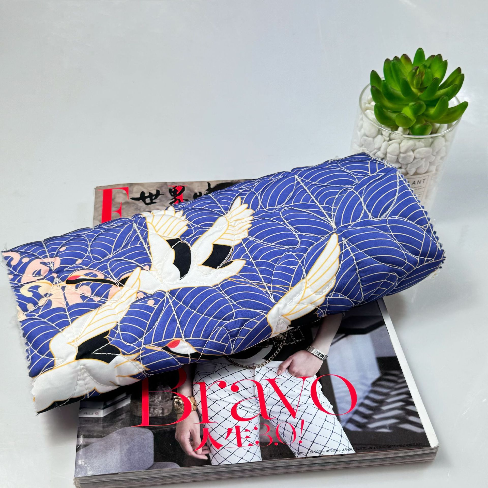 自有工厂 全涤春亚纺国风水波纹仙鹤绗缝绗绣面料