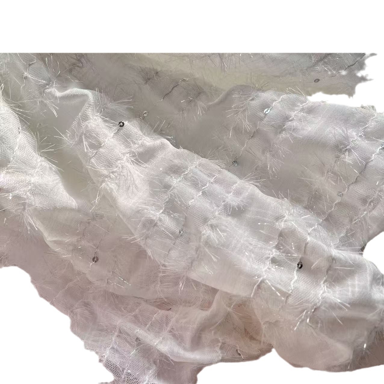 纯白色刺绣条纹钉珠片压皱雪纺纱布料服装公主百褶裙长裙窗