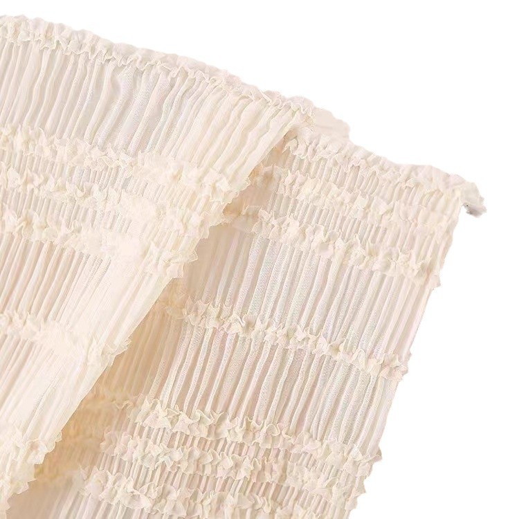 夏季新款雪纺条纹钩绣木耳边压皱面料弹力绳绣连衣裙时装服装布料