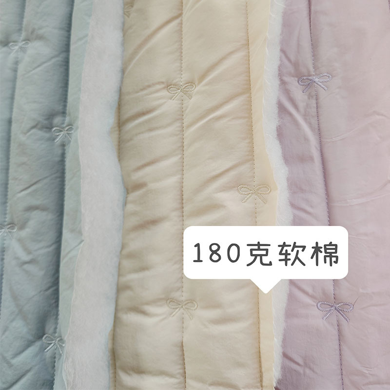 竖条绗缝加蝴蝶结刺绣绗缝棉布料韩国衍缝棉布料化妆包包棉